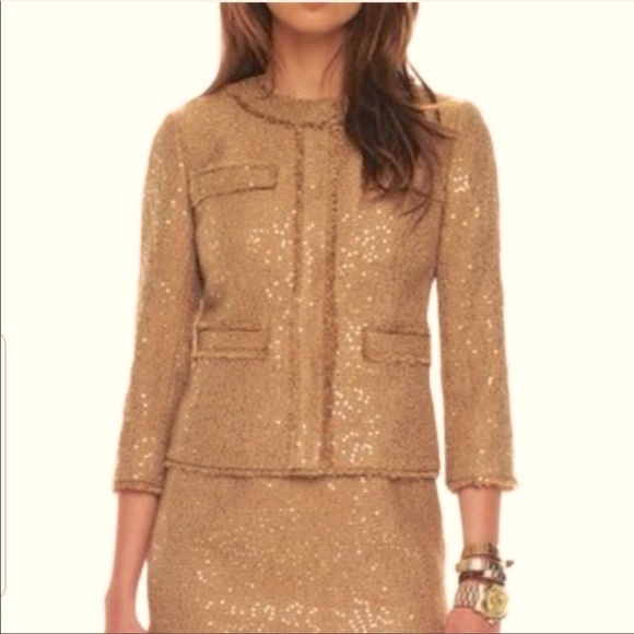 NWT Michael Kors Sequin Gold Tan Camel Fringe Trim Chic Jacket Size 4 MSRP $198 - Picture 1 of 12